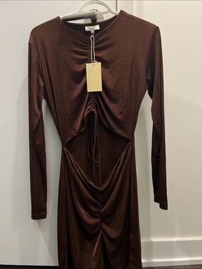 SELF. Brown Long-Sleeve Ruched Cutout Midi Dress by